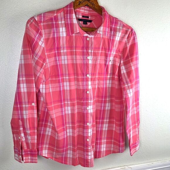 Tommy Hilfiger Women's Classic Fit Button Down Roll Tab Pink Plaid Shirt Large - Picture 4 of 9